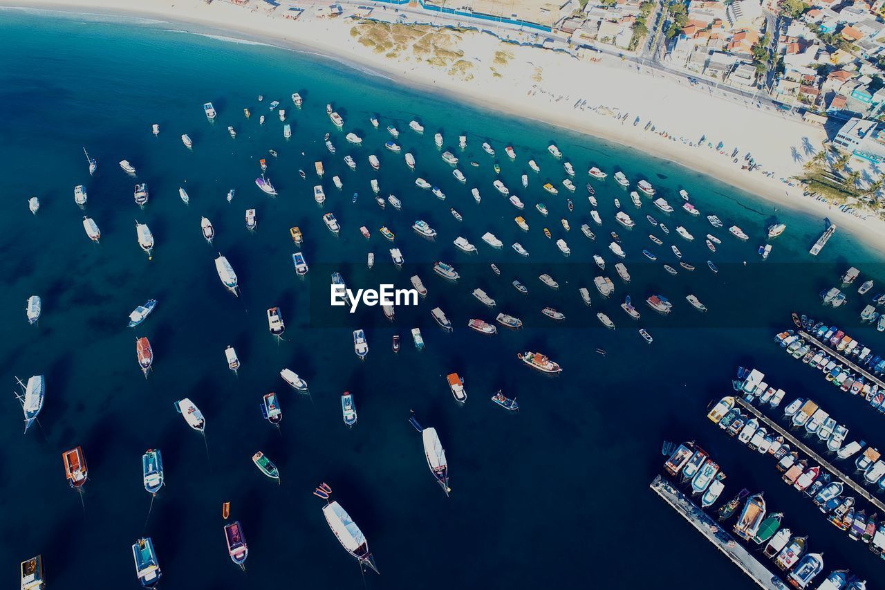 Aerial view of boats moored in sea