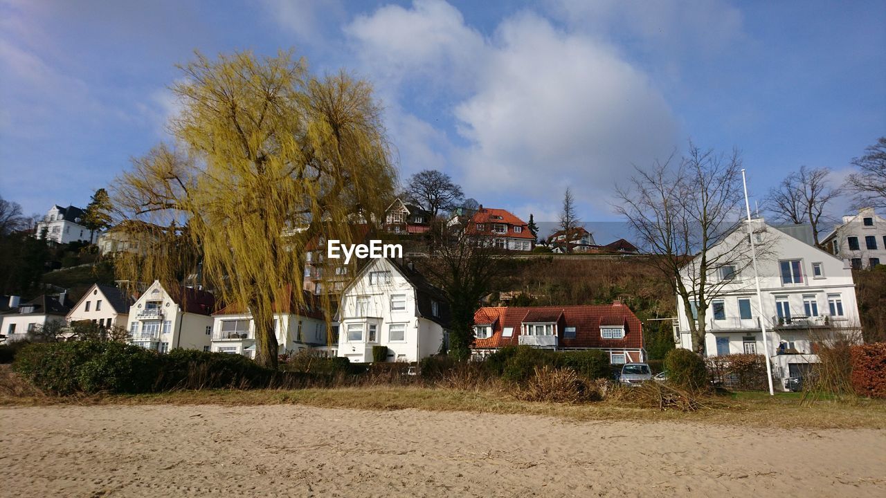 HOUSES AGAINST TREES AND SKY