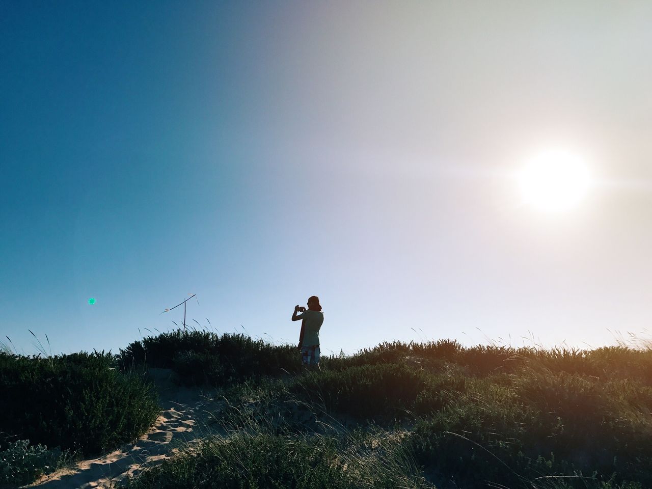 Man photographing while standing on field against sky during sunny day