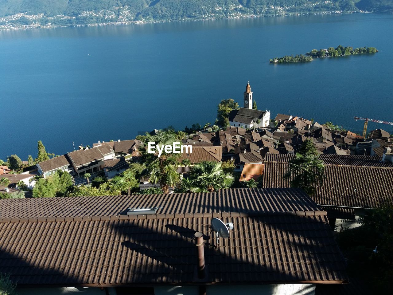 High angle view of town by sea