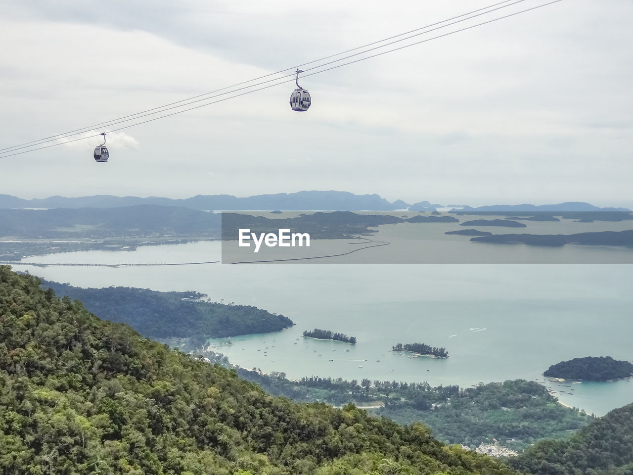 OVERHEAD CABLE CAR OVER SEA AND MOUNTAINS