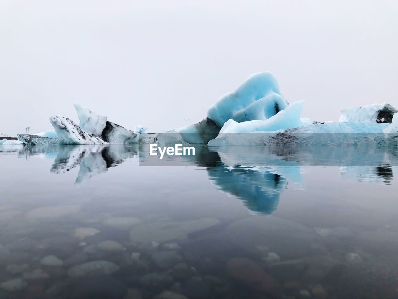 Glacier by lake against clear sky