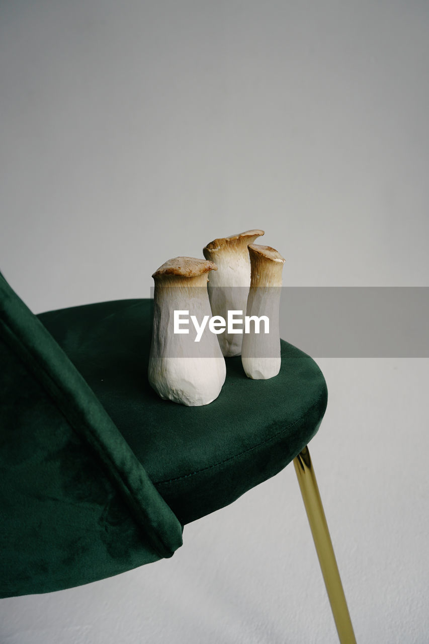 High angle view of mushrooms on chair against gray background
