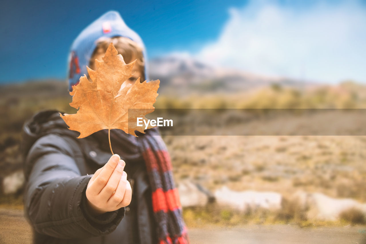 Cute boy holding maple leaf while standing on field during autumn