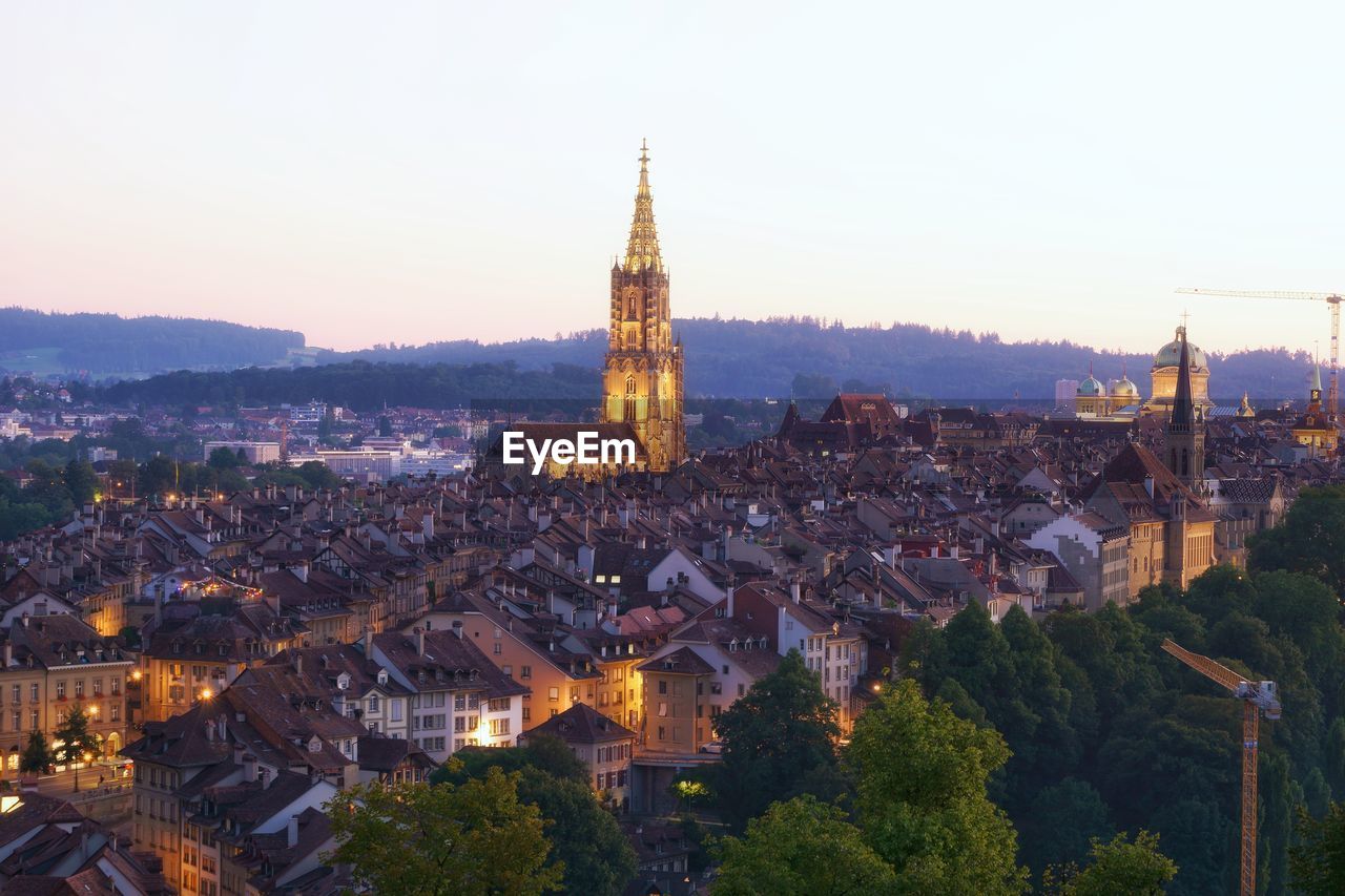 High angle view of townscape against sky in city