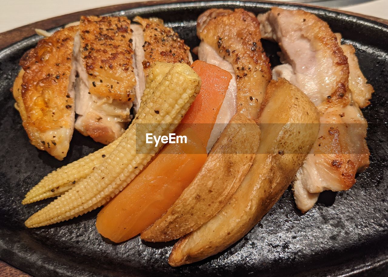 High angle view of meat platter on plate