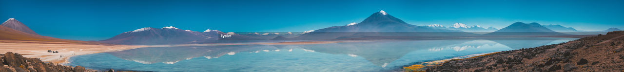 Panoramic view of lake and mountains against blue sky