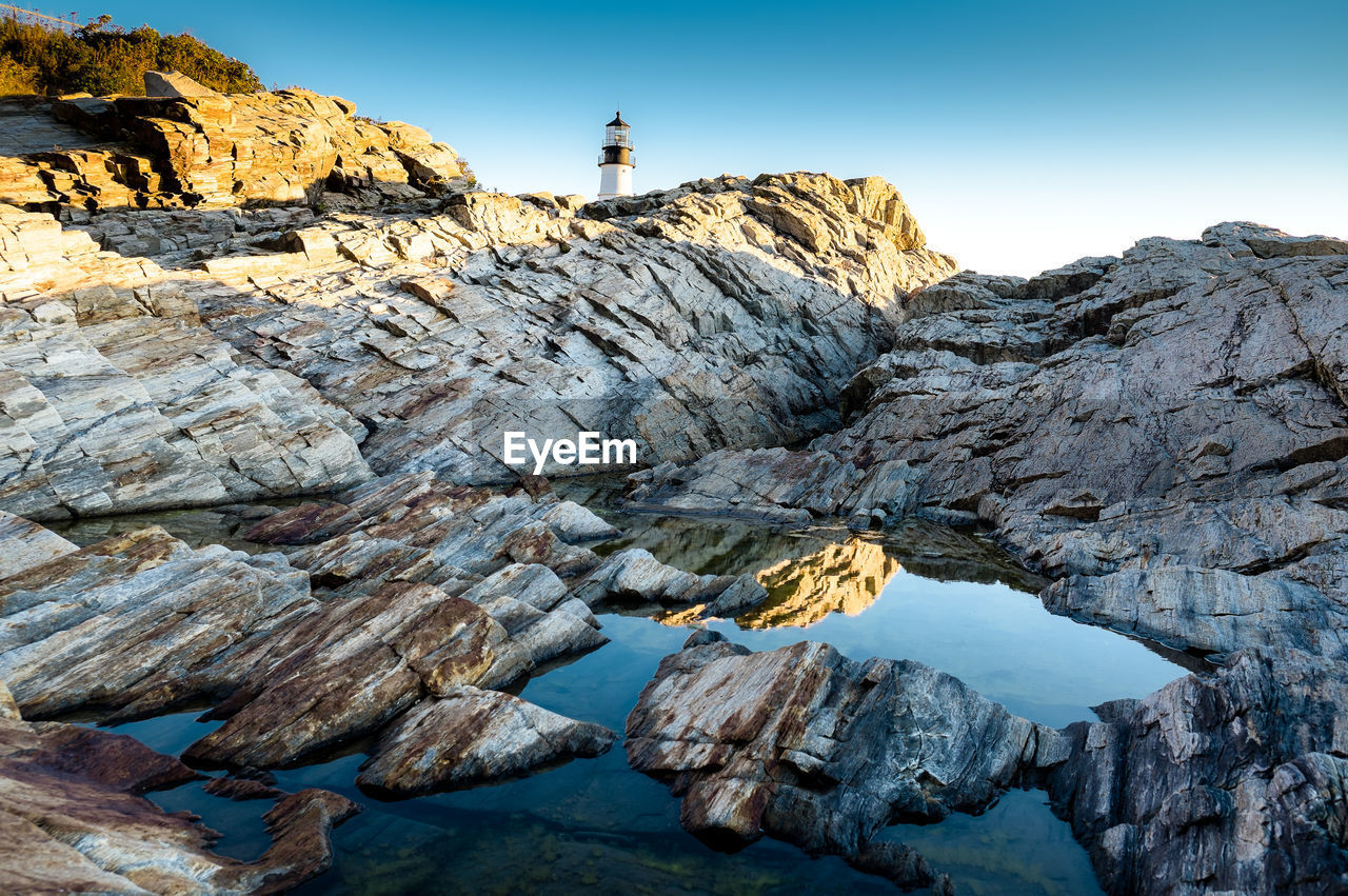 Rock formations in sea against sky