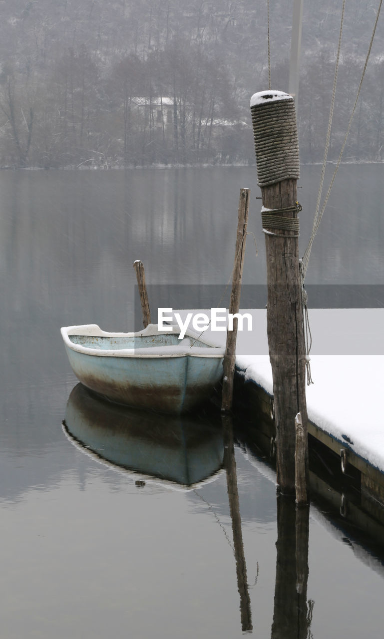 BOAT MOORED AT LAKE