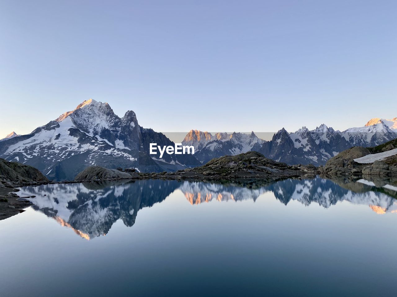 Scenic view of snowcapped mountains against clear sky