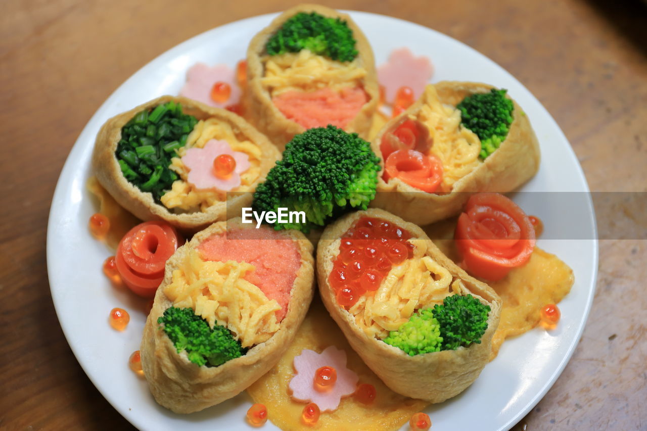 High angle view of breakfast served on table