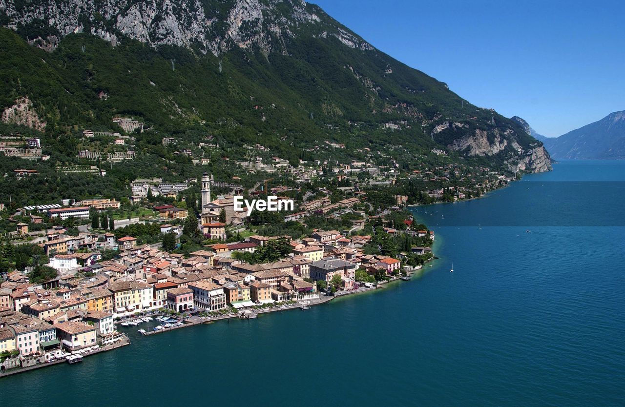 Aerial view of town by lake garda 