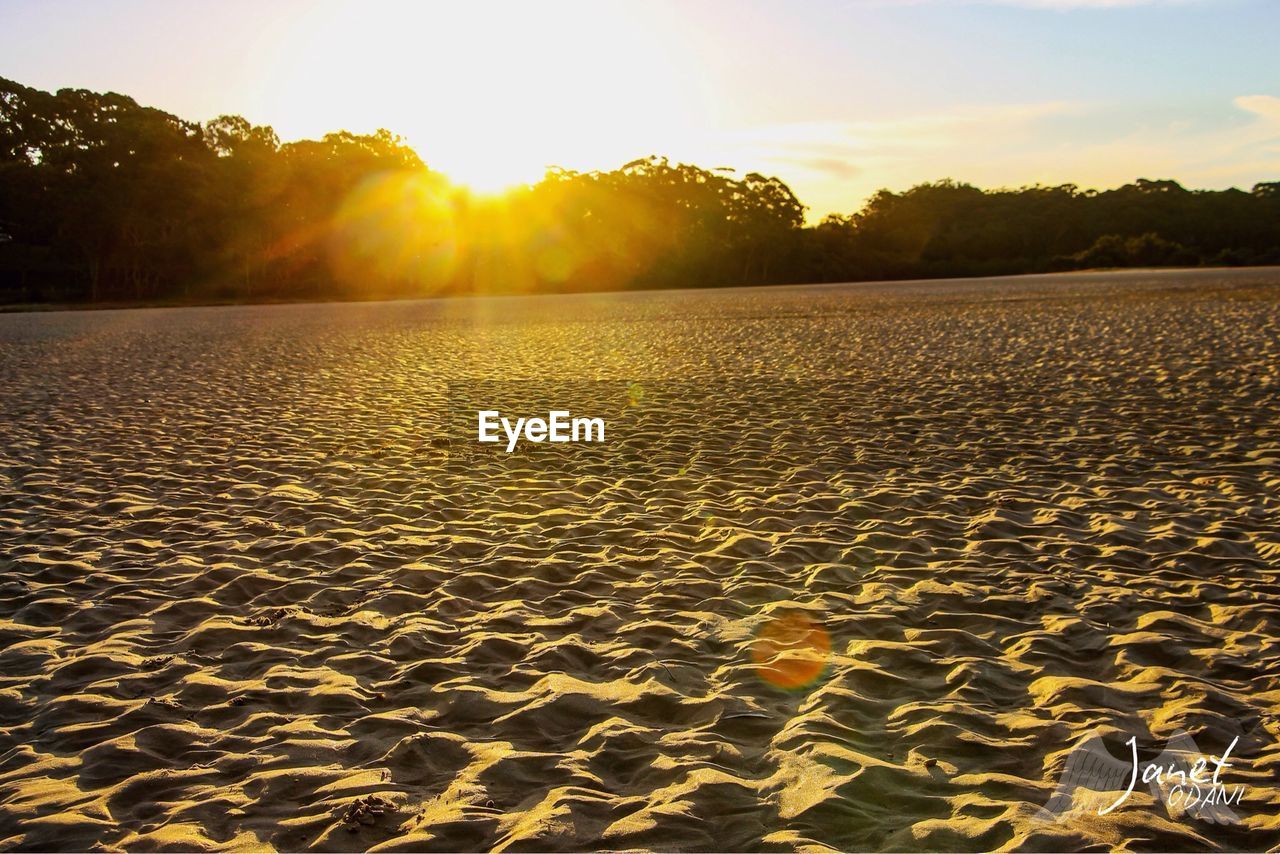 SCENIC VIEW OF BEACH AGAINST SKY AT SUNSET