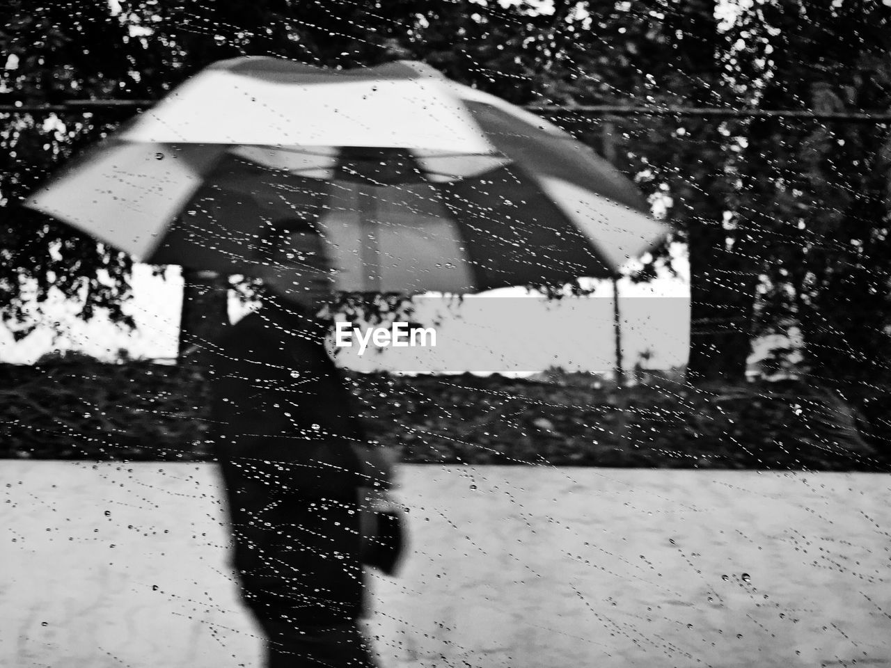 Man with umbrella seen through glass window during rainy season