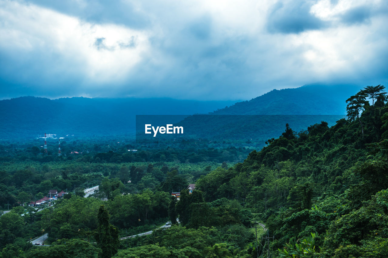 SCENIC VIEW OF TREES AND MOUNTAINS AGAINST SKY