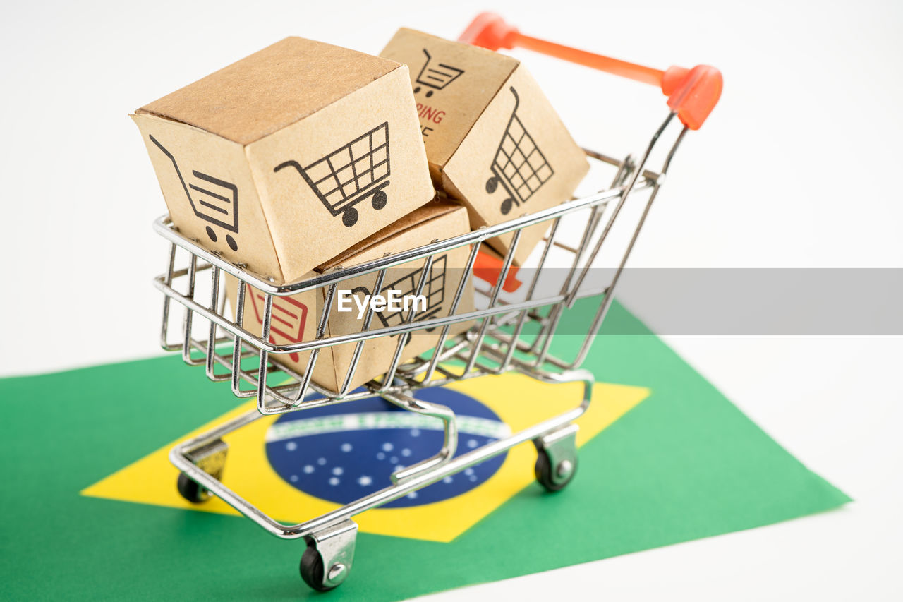 high angle view of shopping cart on white background