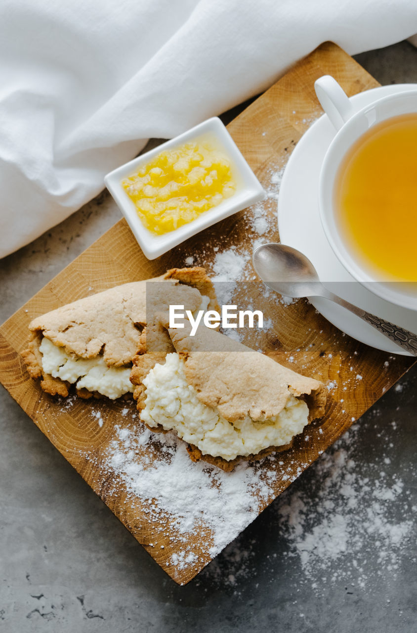 High angle view of dessert on table