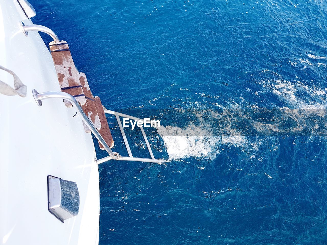 High angle view of ladder on boat at black sea