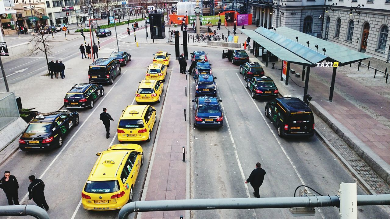 High angle view of taxis at parking lot
