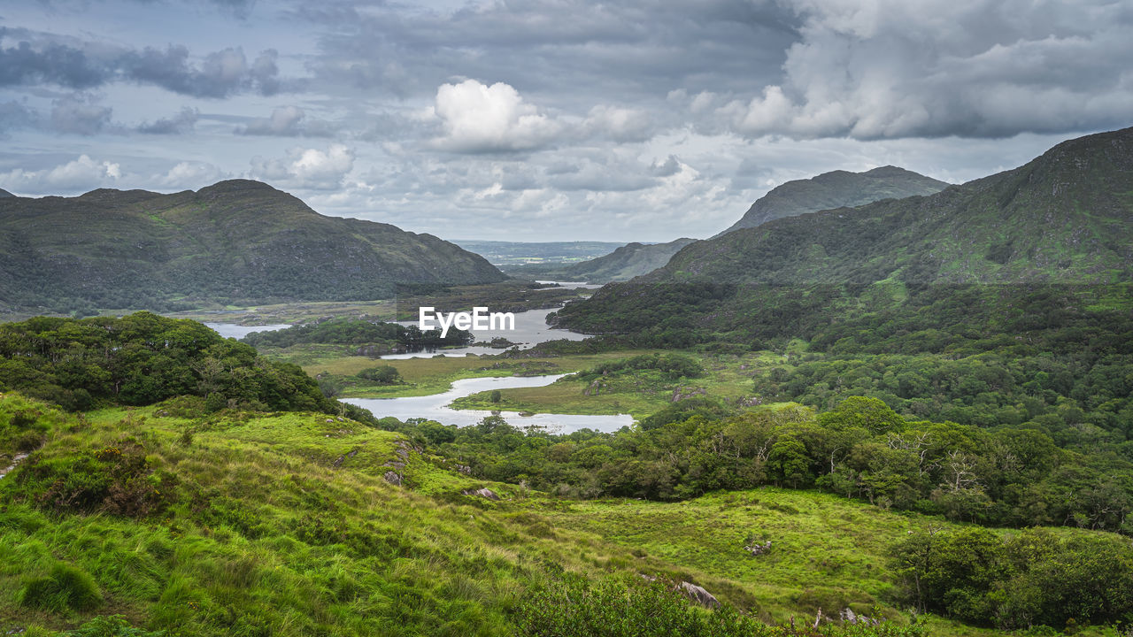 Irish iconic viewpoint, ladies view, with lakes, valley, forest and mountains, rink of kerry ireland