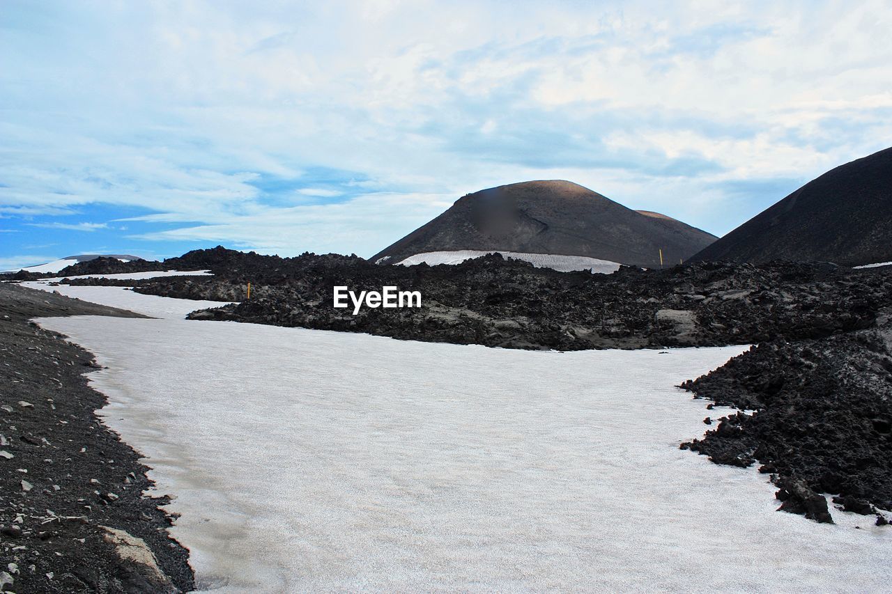 Scenic view of mountains against cloudy sky