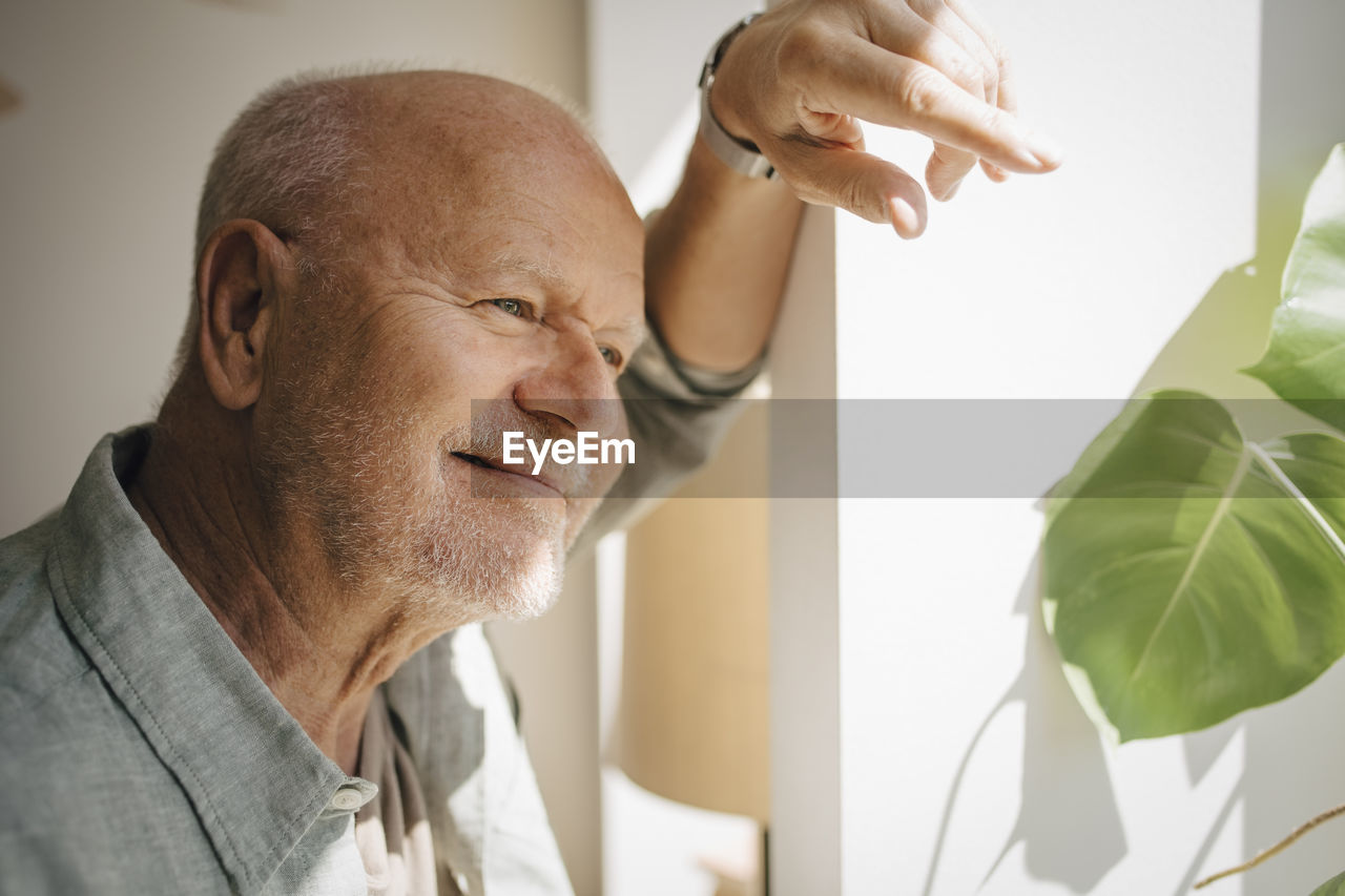 Smiling senior man day dreaming at home