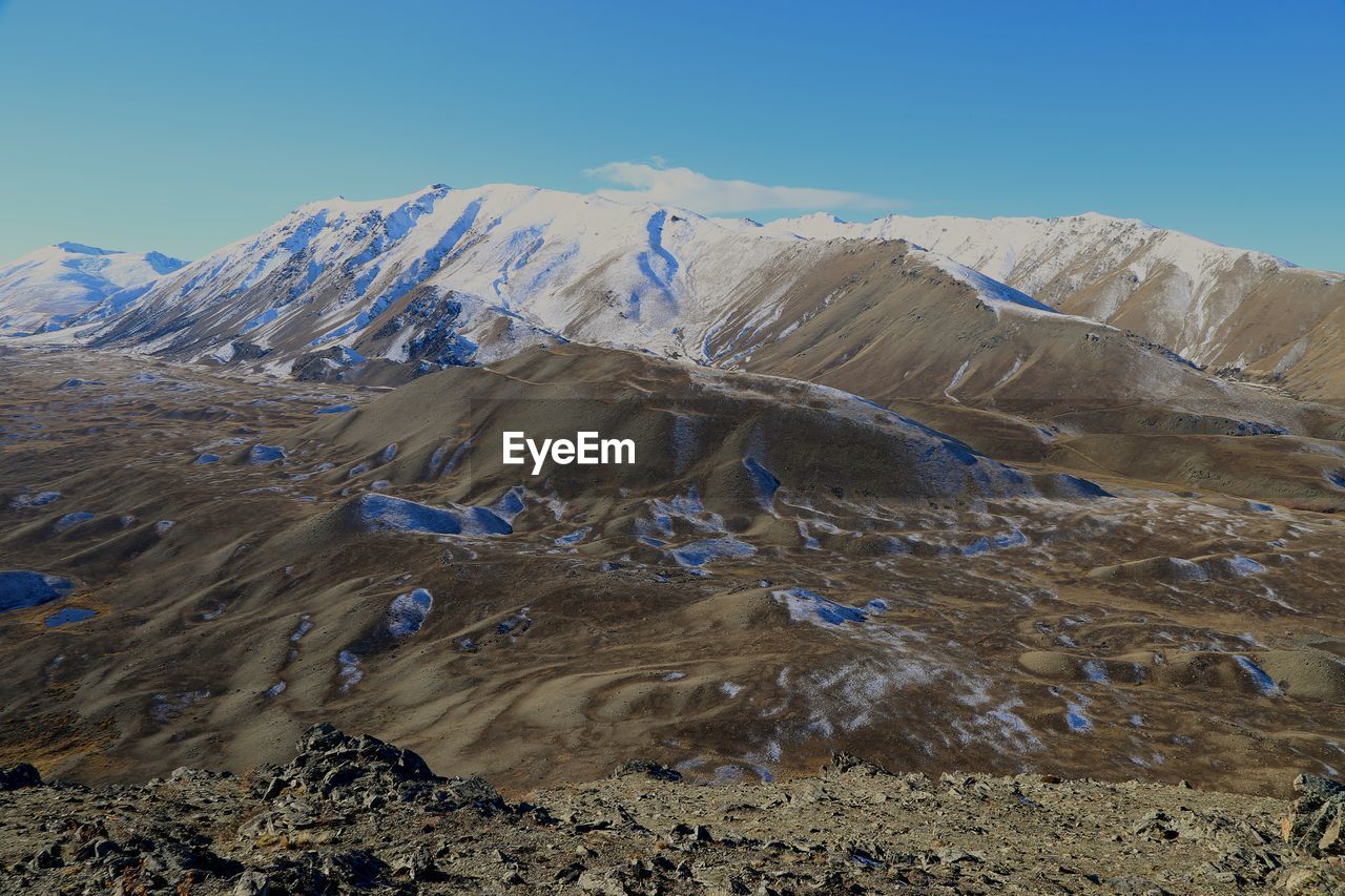 Scenic view of snowcapped mountains against clear blue sky