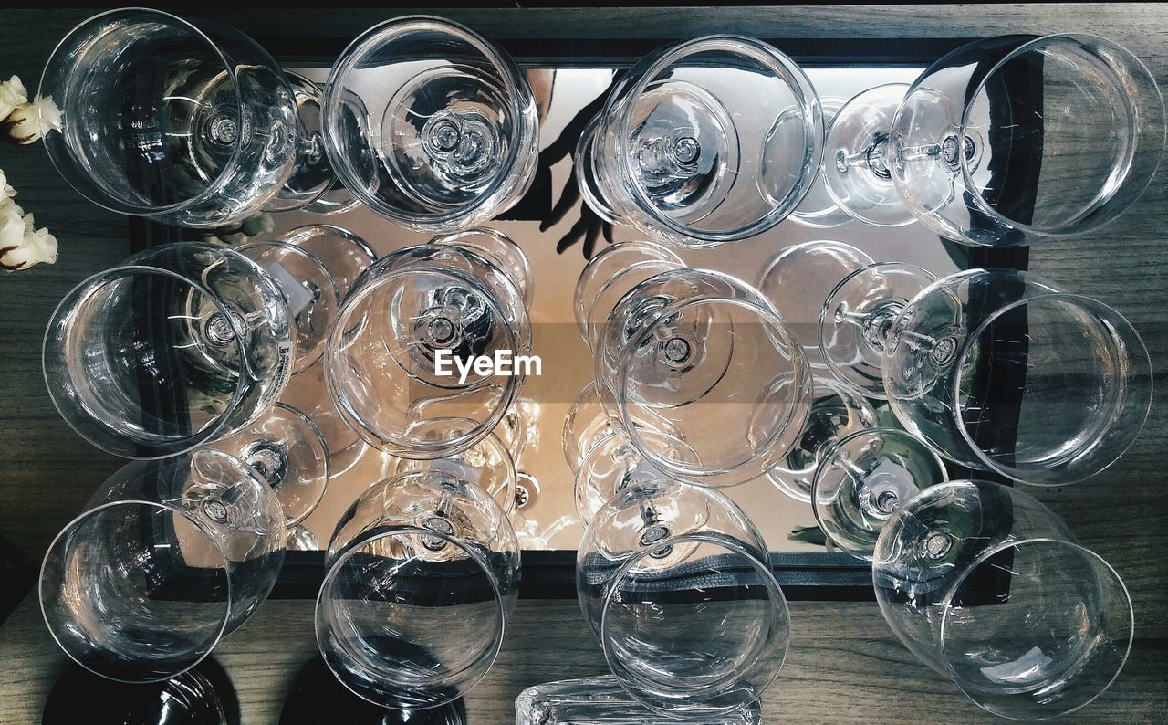 Directly above shot of empty wineglasses on table