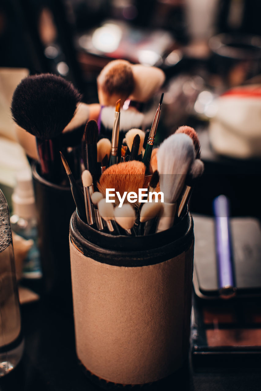 A set of different makeup artist brushes in a beige case on the table