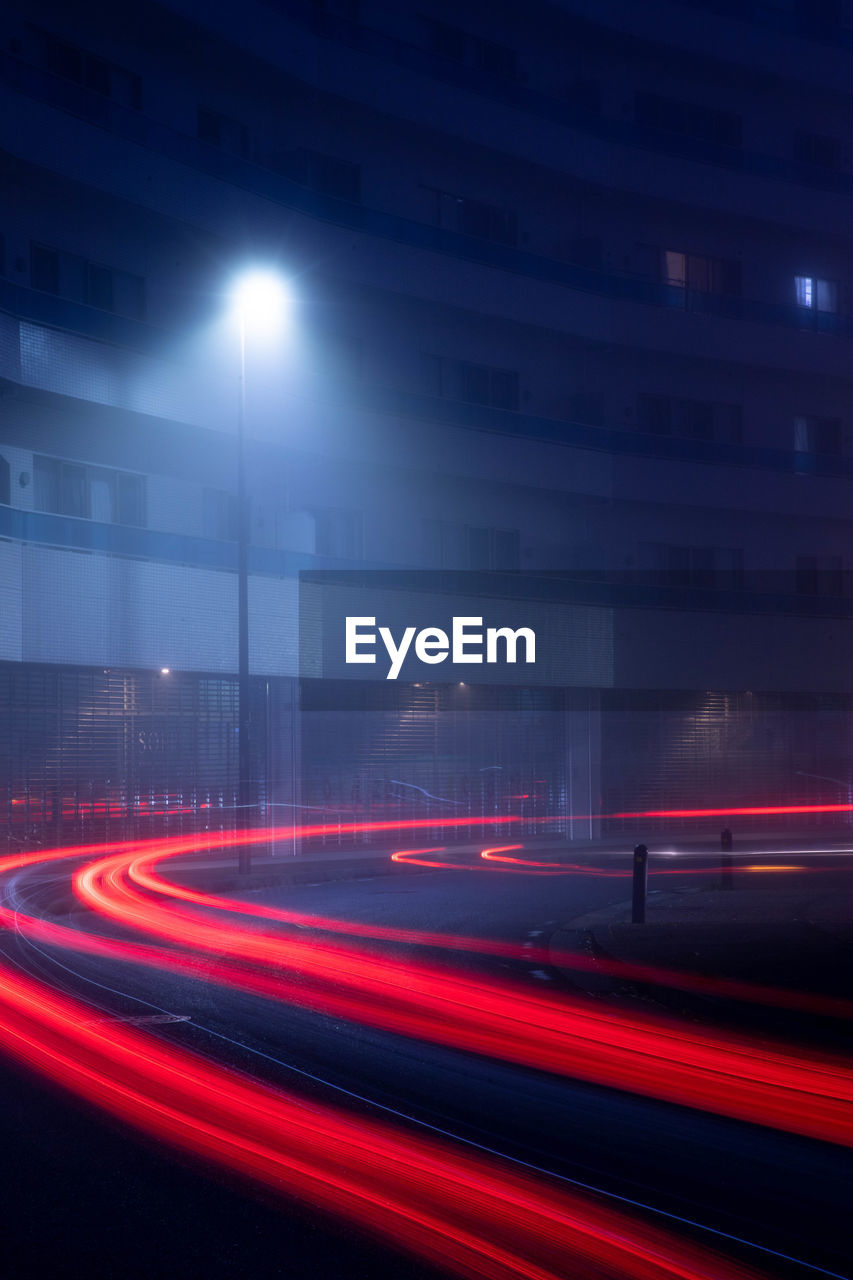 Light trails on road at night