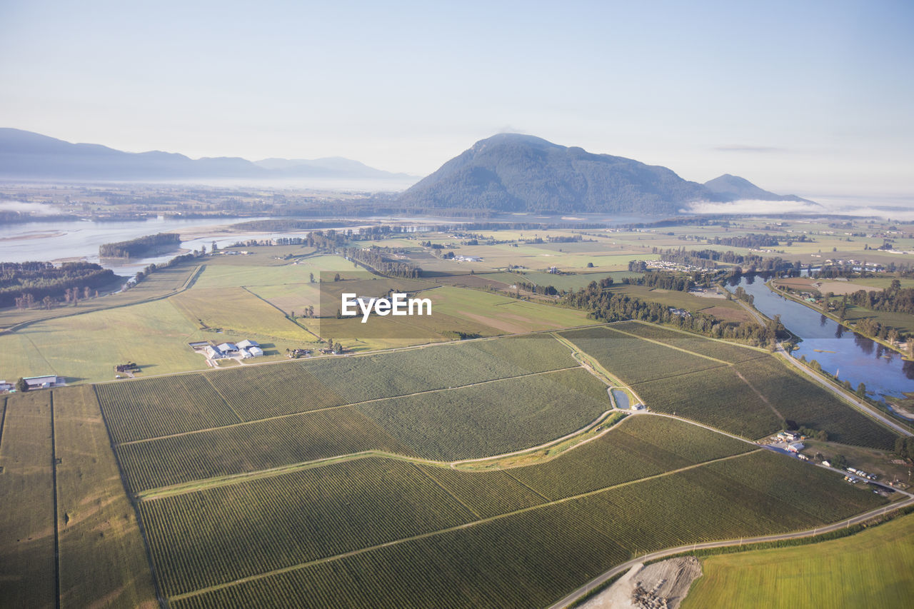 Aerial view of farm fields in deroche,mission, b.c.