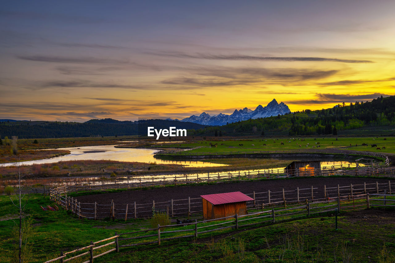 high angle view of landscape against sky during sunset