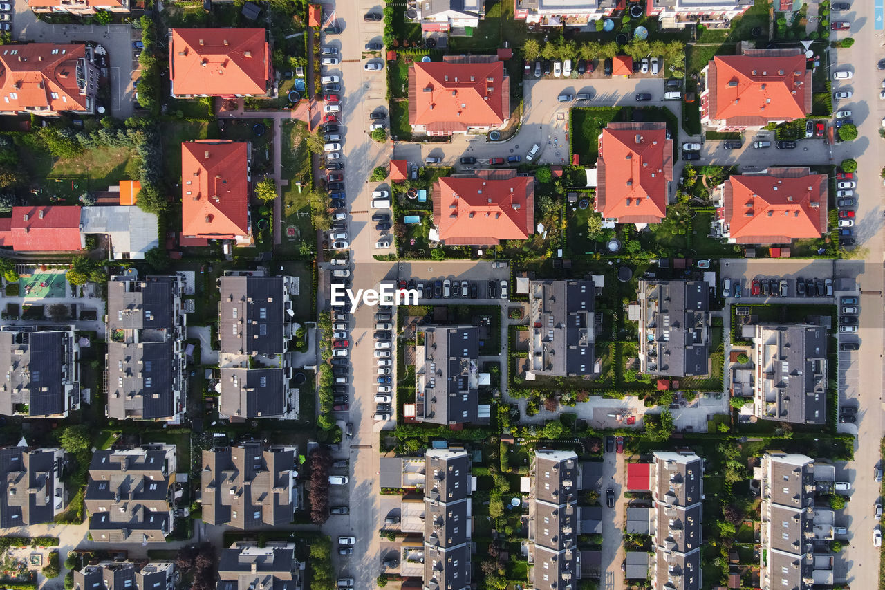 Aerial view of residential area in small town