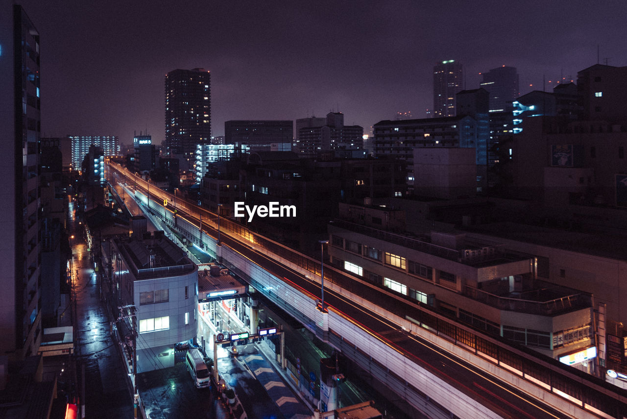 High angle view of illuminated city at night