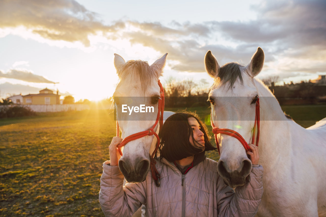 Girl standing between horses at ranch during sunset