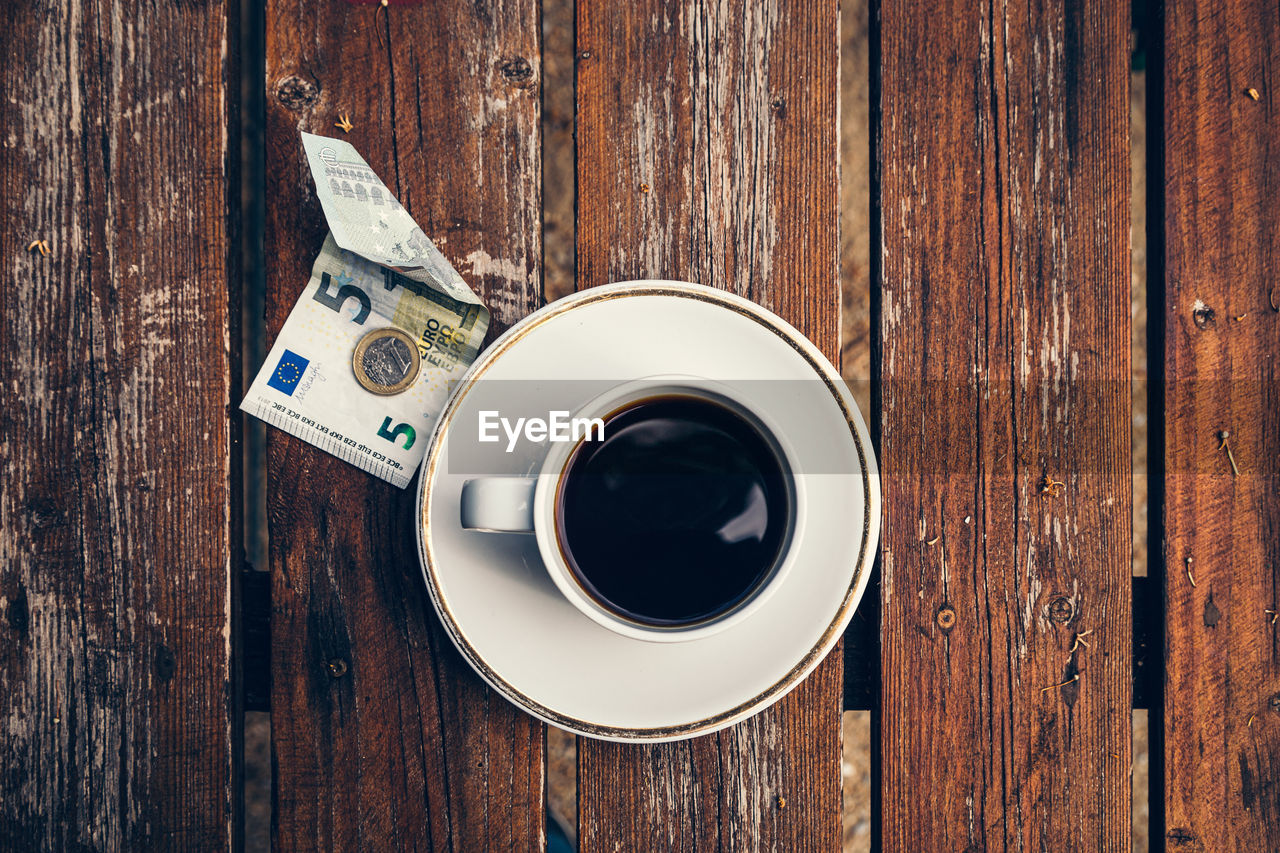 Directly above shot of coffee on table with banknote and currency