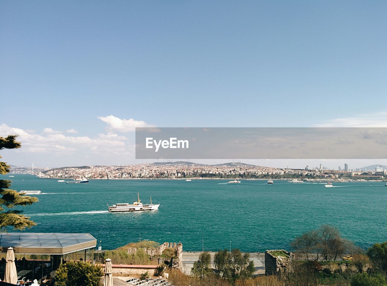 High angle view of boats in sea against blue sky