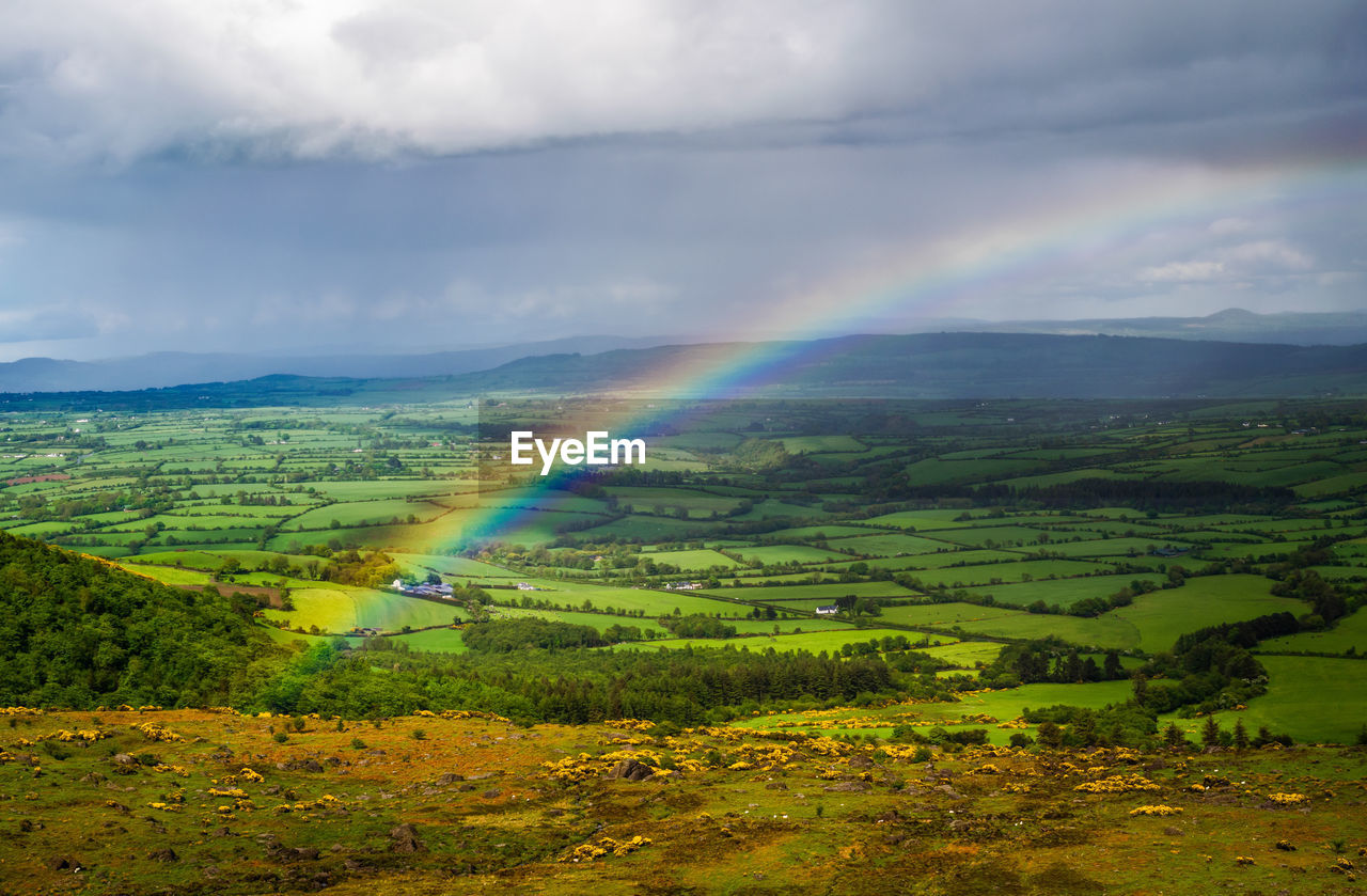 Scenic view of rainbow over agricultural field against sky