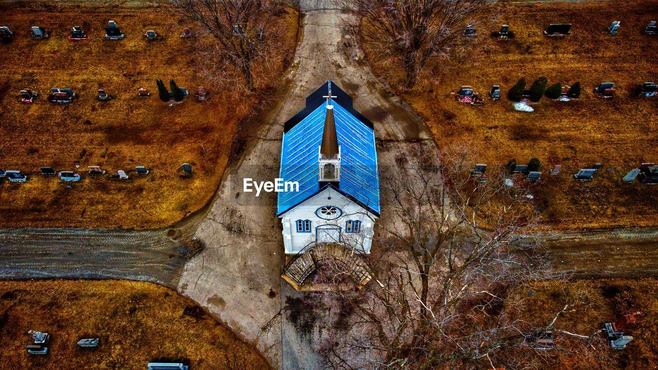 High angle view of a church in the middle of the cementery 