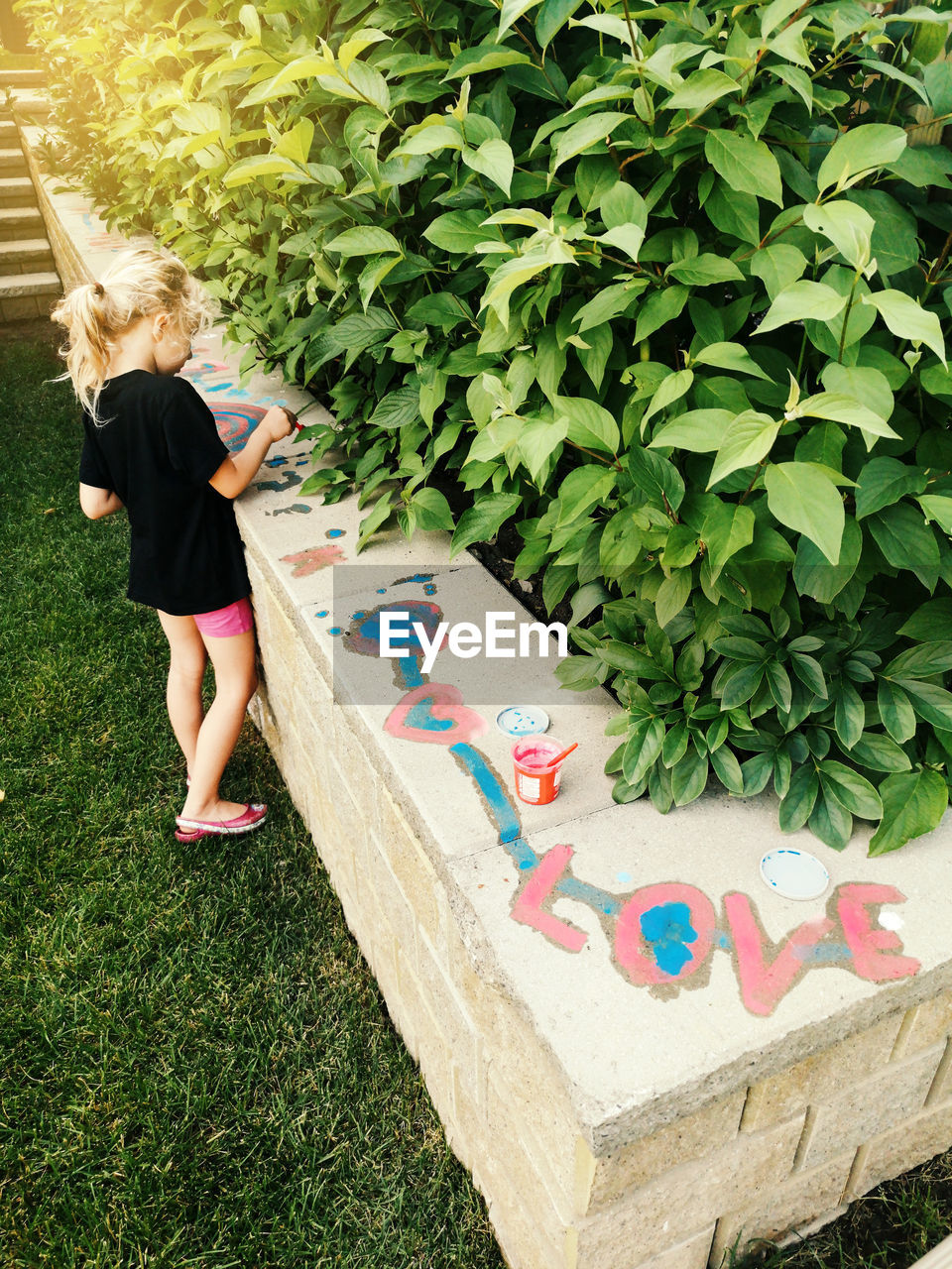 High angle view of girl standing against multi colored plants