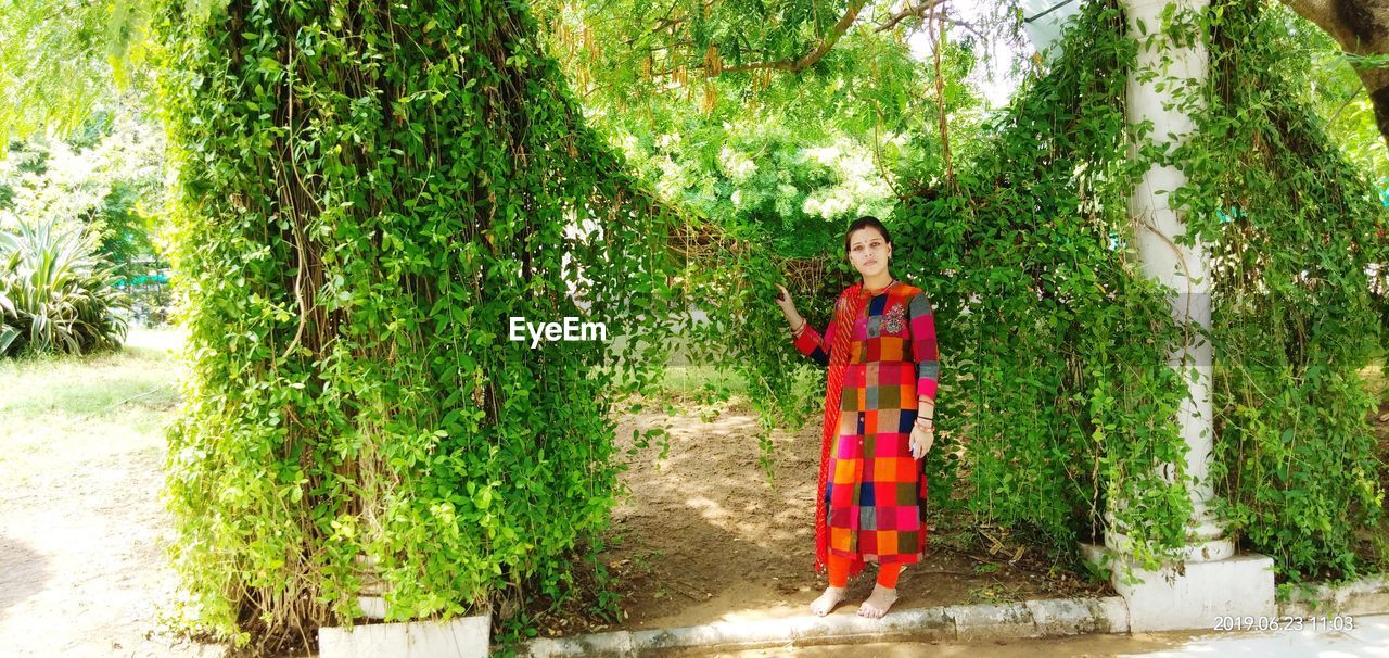 Portrait of woman standing against plants