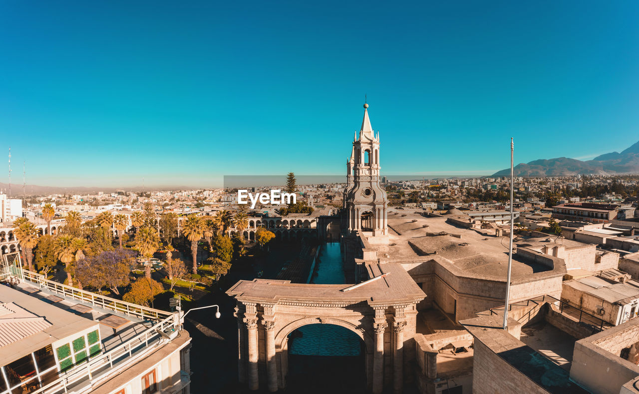 Aerial drone view of arequipa main square and cathedral church at sunset. arequipa, peru.