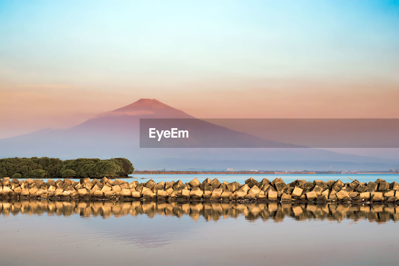 Scenic view of lake against sky during sunset