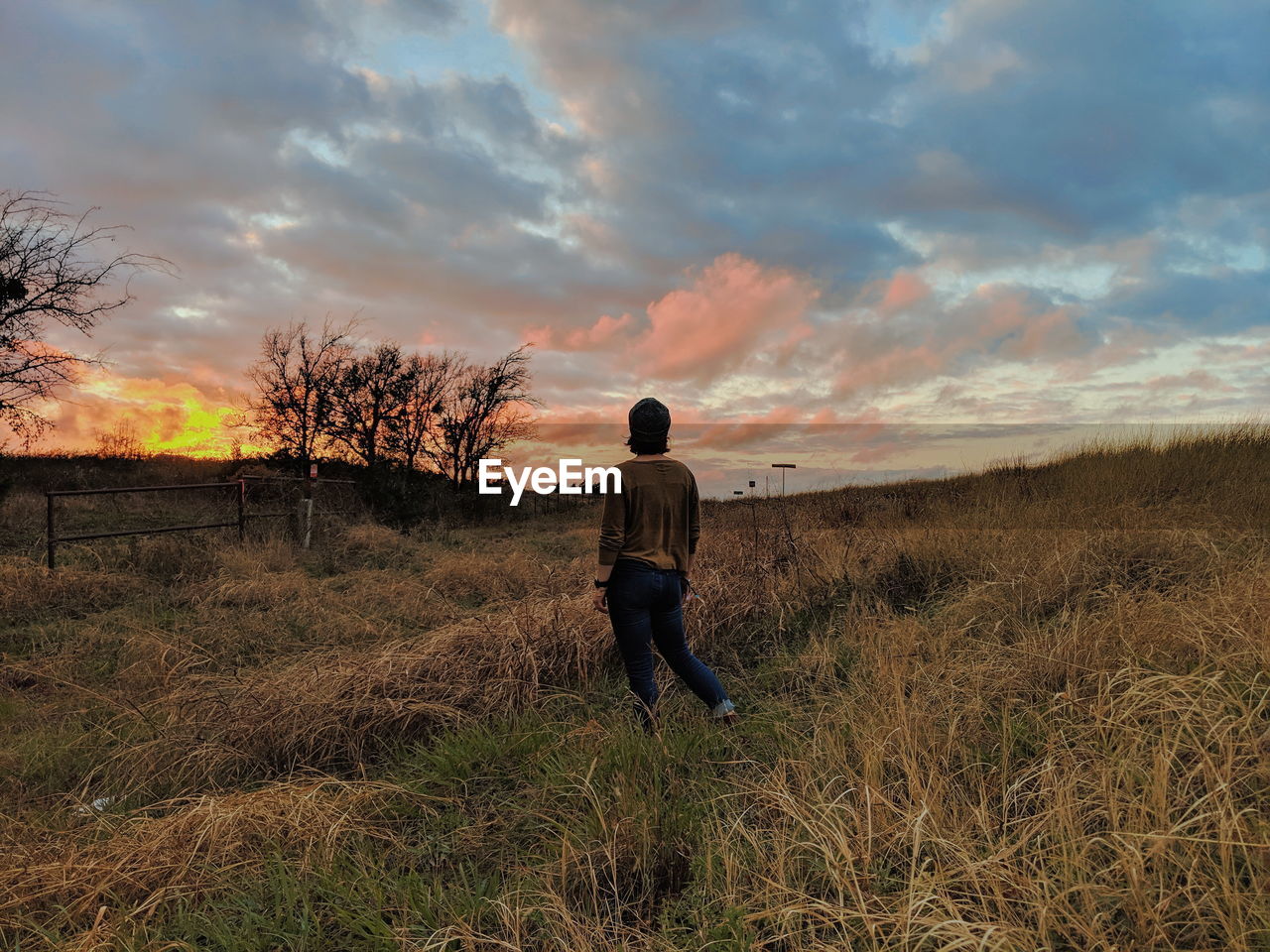 Rear view of woman standing on grassy land against sky during sunset