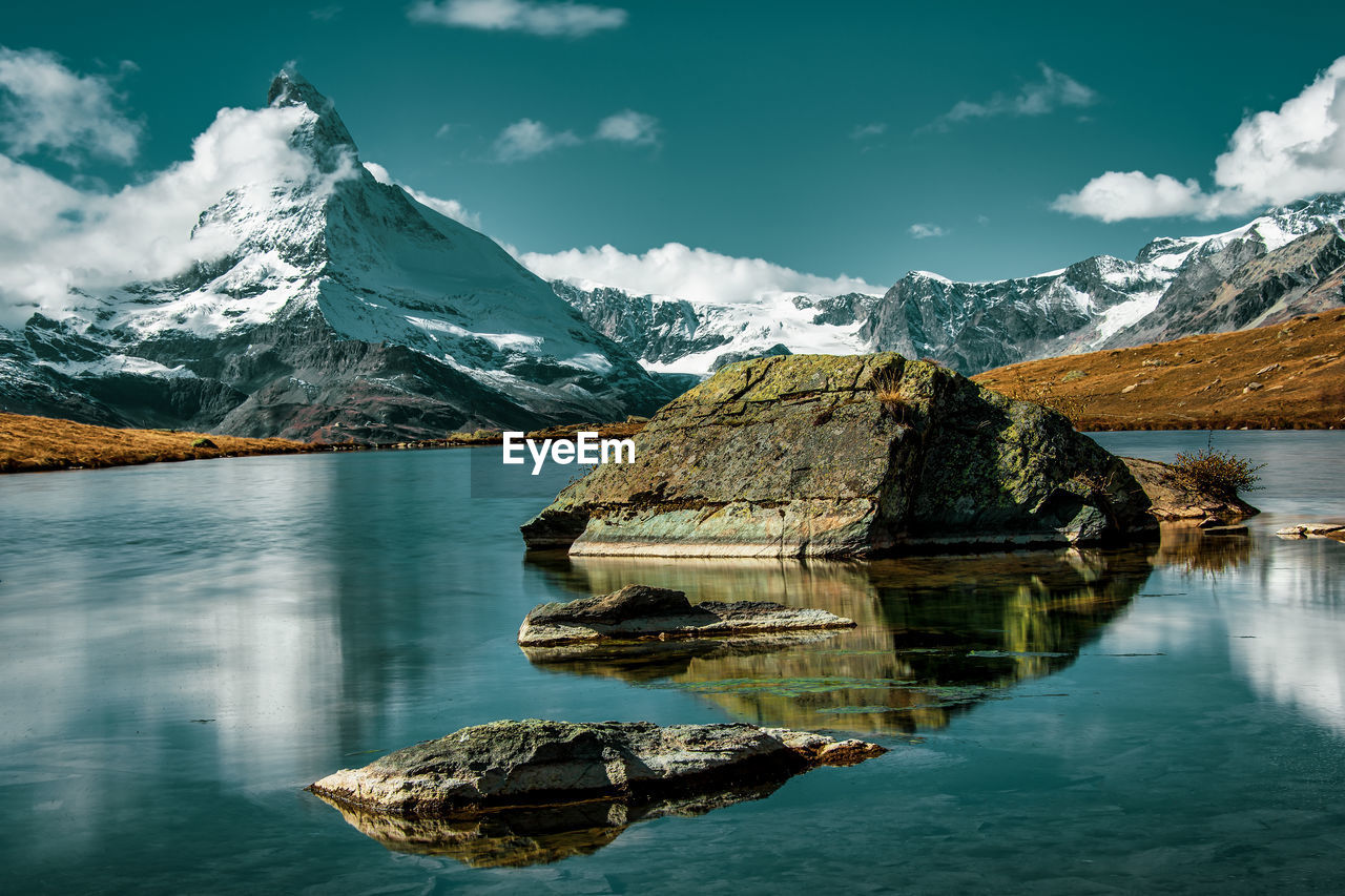 Panoramic view of the swiss alps, the matterhorn and the stellisee