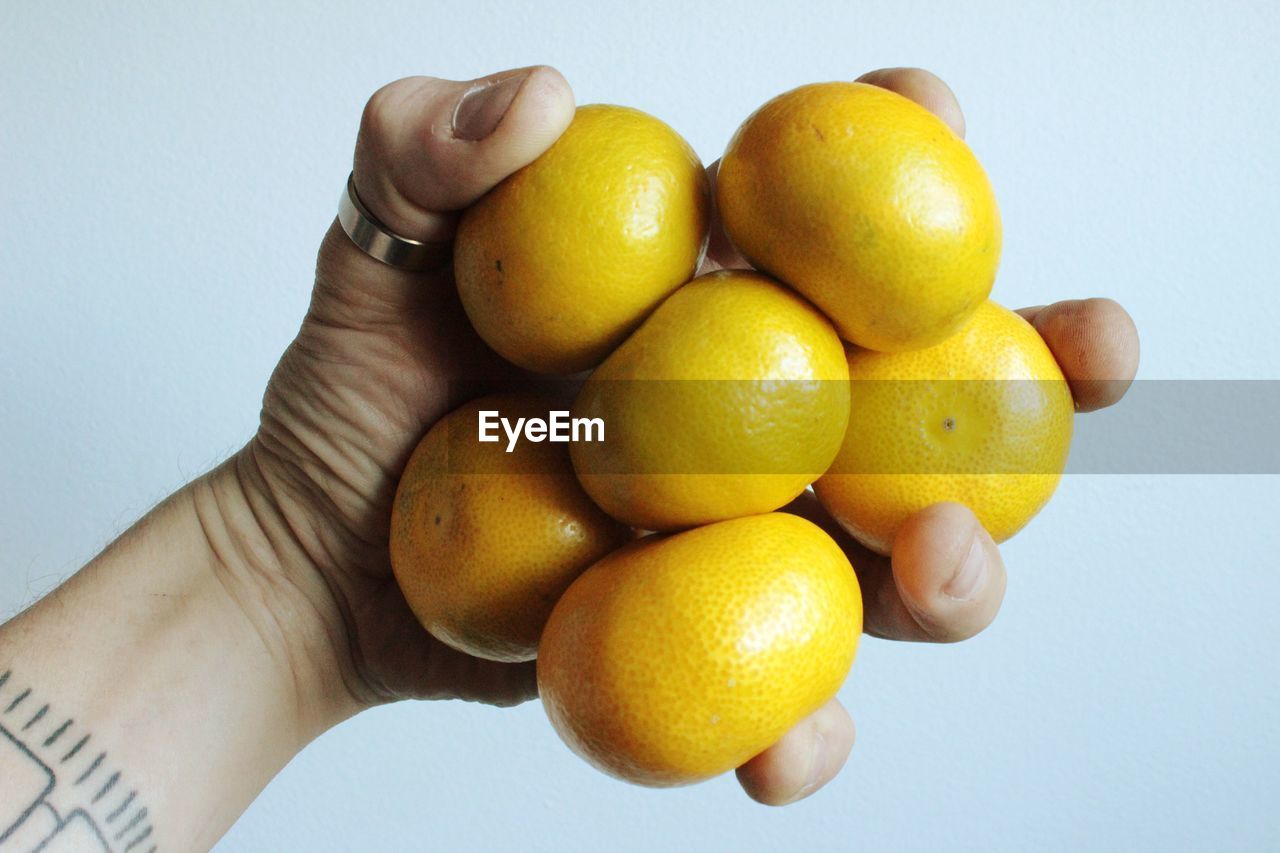 CLOSE-UP OF HAND HOLDING FRUITS