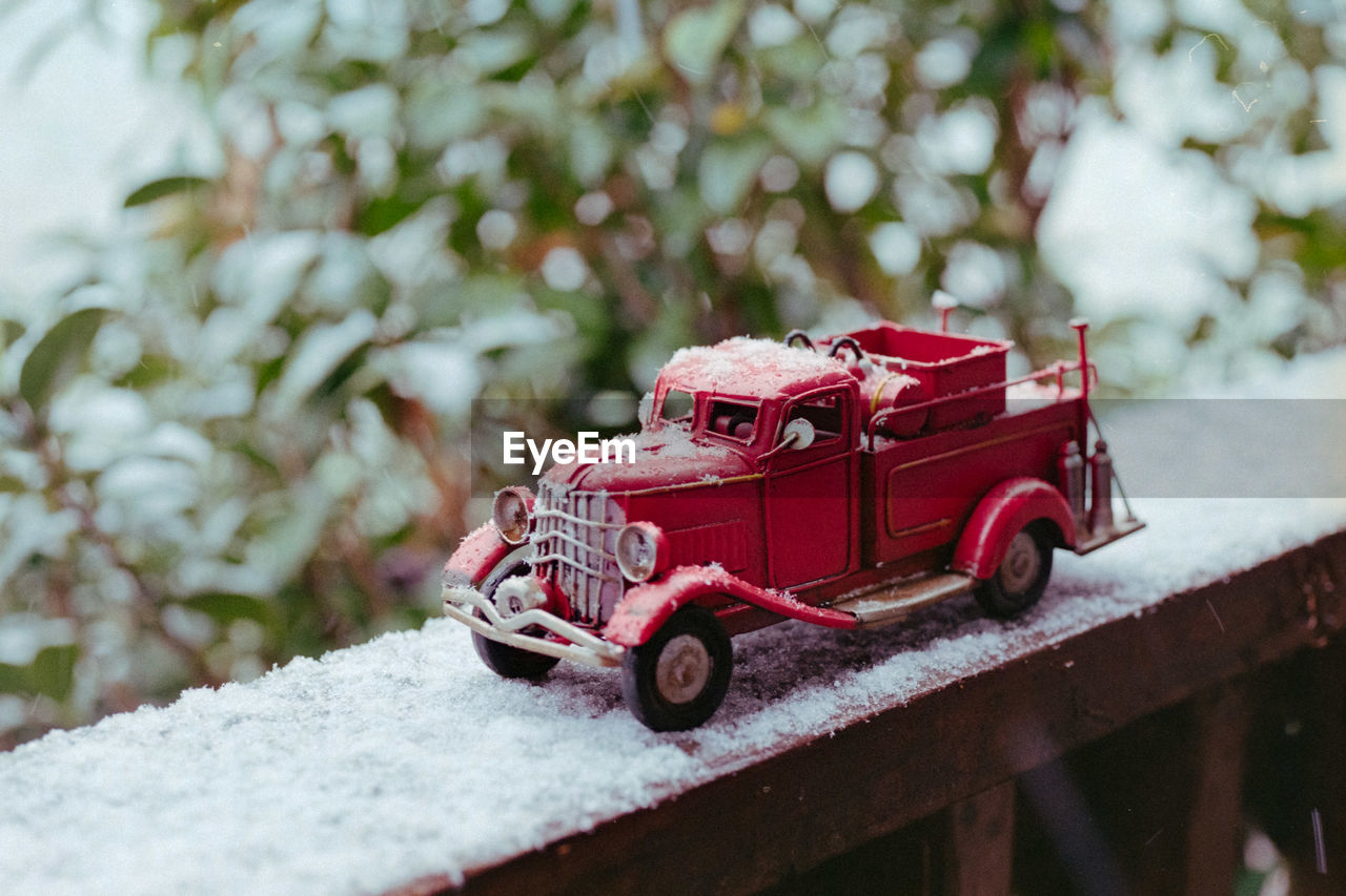 red, snow, car, vehicle, wheel, land vehicle, winter, mode of transportation, transportation, nature, cold temperature, motor vehicle, toy, no people, flower, day, toy car, outdoors, plant