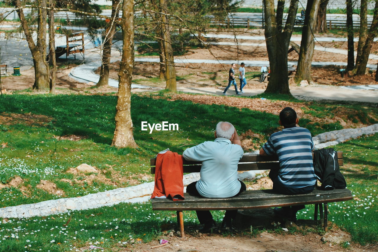 Rear view of people sitting on park bench