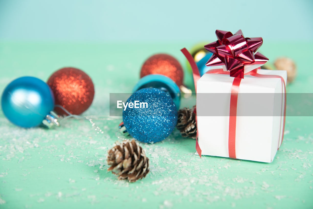 Close-up of christmas decorations on table