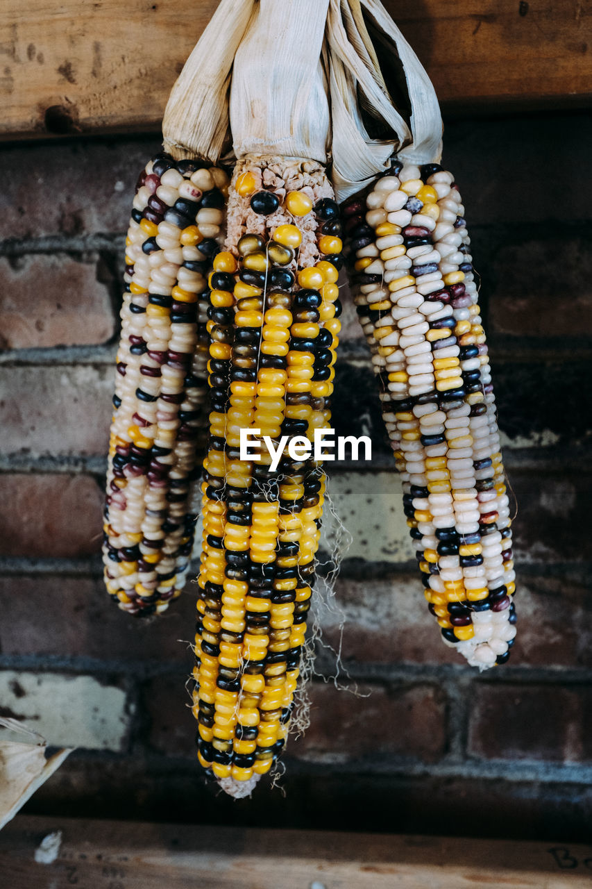 Close-up of corns hanging at market stall